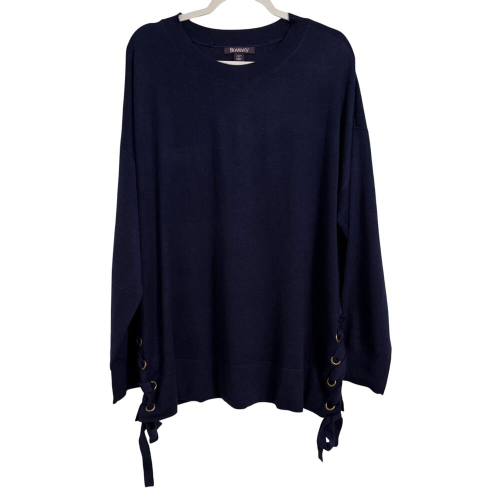 Roaman's NWOT Wool Blend Laced Up Sweater Women's 1X Navy Blue Boho Coastal